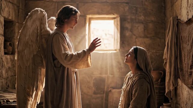 Angel Gabriel gracefully greeting Mary with blessing