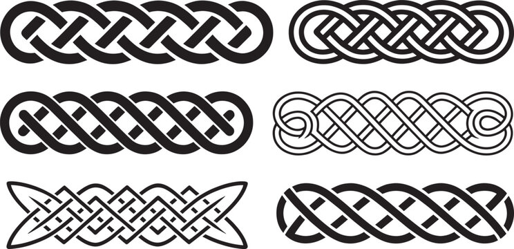 Intricate Celtic knot patterns and interlace designs in black for artistic elements