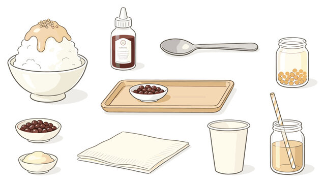Illustrative collection of elements for preparing a delicious Asian shaved ice dessert, featuring diverse sweet toppings