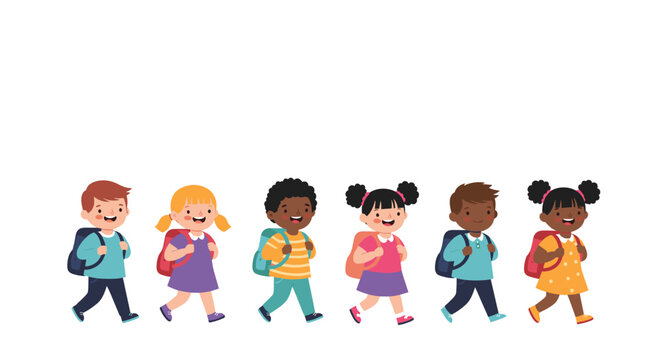 Row of six diverse children in school uniforms carrying backpacks and walking happily representing education and back to school season.