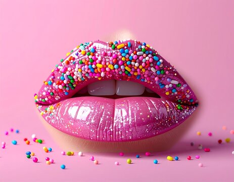 Close-up of glossy, pink lips covered in colorful sprinkles against a soft pink backdrop, with scattered sprinkles around
