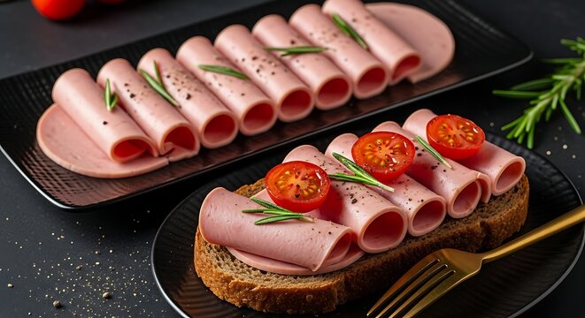 Sliced sausage on bread with tomatoes and herbs