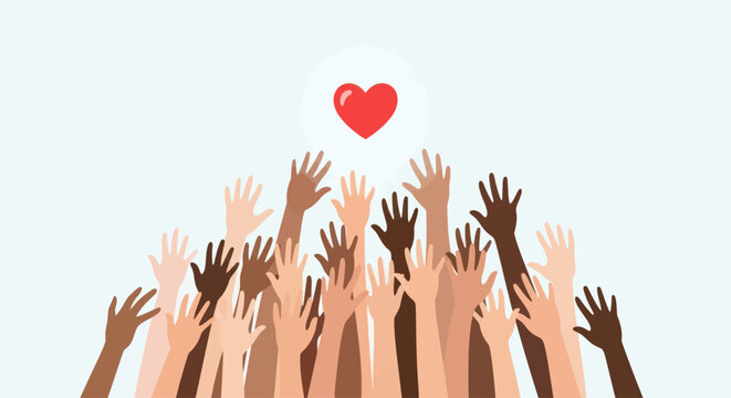 Diverse hands reaching for heart symbol.