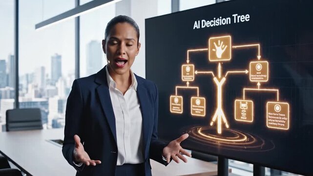 Businesswoman Explains AI. Executive Presents Holographic Decisionmaking Diagram. Corporate Female Leader Details Machine Learning Processes With City Skyline Backdrop And Modern Setting
