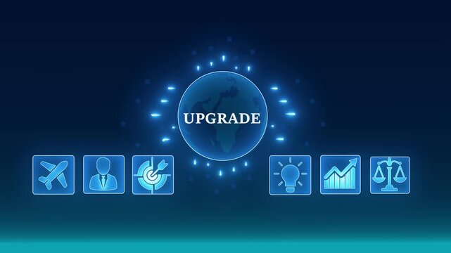 Futuristic digital upgrade concept with glowing icons for business growth innovation technology and progress. 4K video animation on blue background.