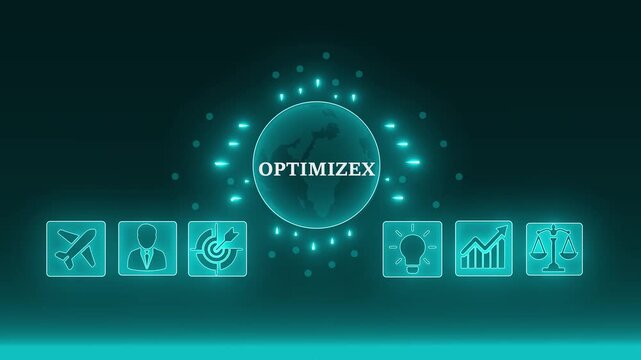 Futuristic digital network globe with glowing icons representing business growth innovation safety and speed Optimizing global connections and data flow for modern enterprise solutions. 4K video...