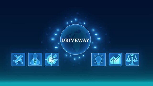 Futuristic digital network hub with global connection and diverse icon set representing business growth innovation safety and launch. 4K video animation on blue background.