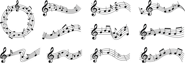 Musical Composition Elements: A collection of musical notes and staves, forming dynamic and visually engaging musical compositions. Perfect for illustrating music theory, creative projects. © SHUVO