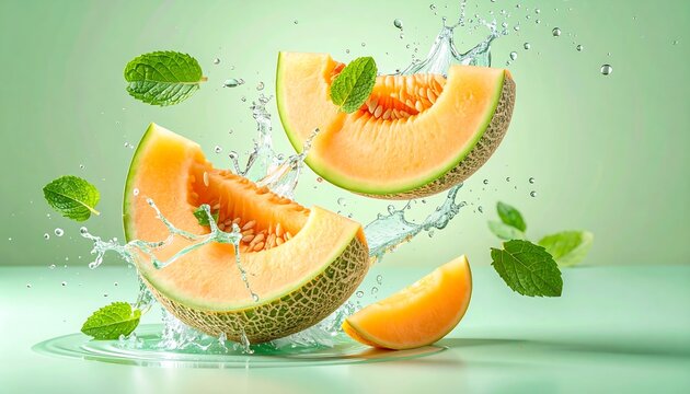 Fresh melon slices and mint amidst a splash of water