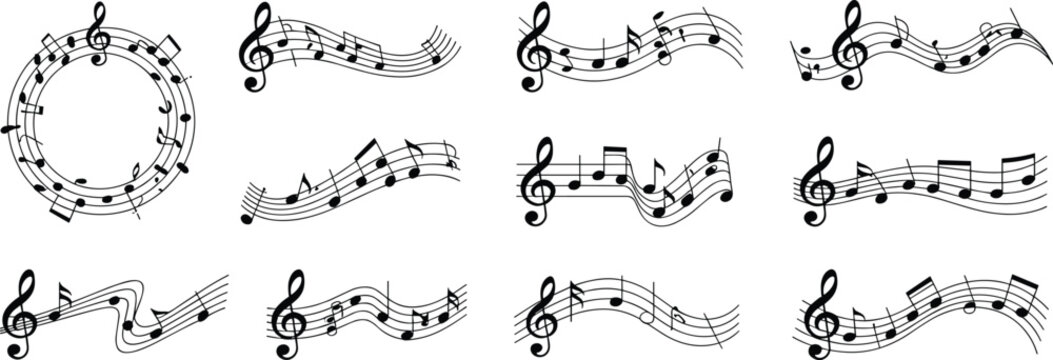 Musical Composition Elements: A collection of musical notes and staves, forming dynamic and visually engaging musical compositions. Perfect for illustrating music theory, creative projects.