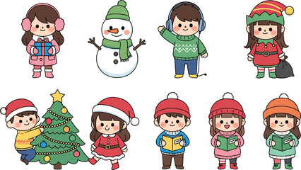 Fototapeta premium Cute Cartoon Kids in Winter Clothes, Christmas Tree, Snowman, and Holiday Activities, Festive Winter Illustration Set