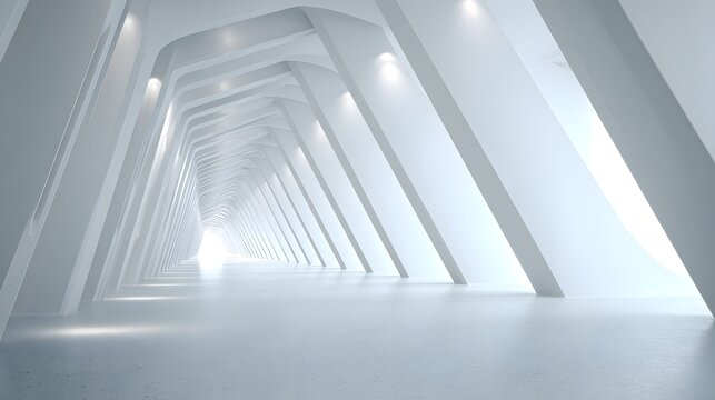 Futuristic White Corridor with Geometric Architecture and Soft Lighting.