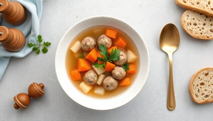 Homemade meatballs in savory tomato sauce with crusty bread