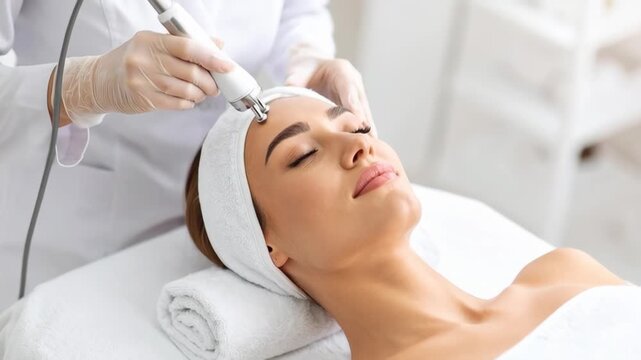 Professional beautician performing hardware facial lifting and skin rejuvenation treatment on young woman in clinic