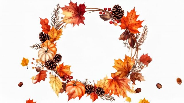 Watercolor autumn wreath featuring colorful maple leaves orange pumpkins and pine cones for seasonal decor