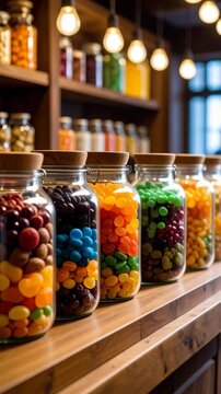 Row of clear glass jars filled with multi colored jelly beans and sweets on a wooden counter in a candy store