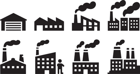 Naklejka premium Industrial factory buildings set, chimney smoke pollution, manufacturing facility icons