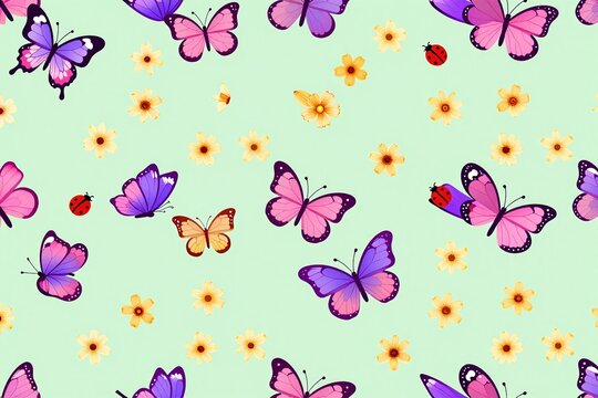 A pattern of pink and purple butterflies and ladybugs on a green background