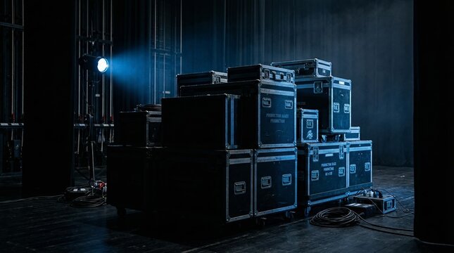 A collection of stacked flight cases and equipment on a dimly lit stage with a band performing in the background. Generative AI.