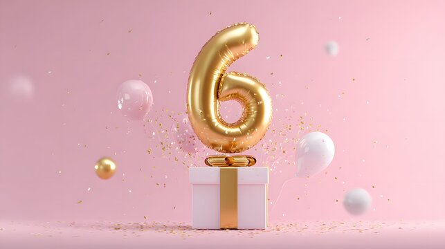 Golden Number 6 Balloon on Gift Box with Confetti and Spheres.