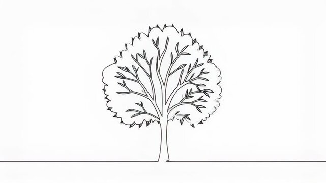 Minimalist single line art illustration of a deciduous tree with symmetric branches and leaves on a white background