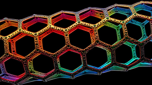 Microscope view of soap bubble edges, perfect hexagonal honeycomb lines, thickness simulates tension, abstract background