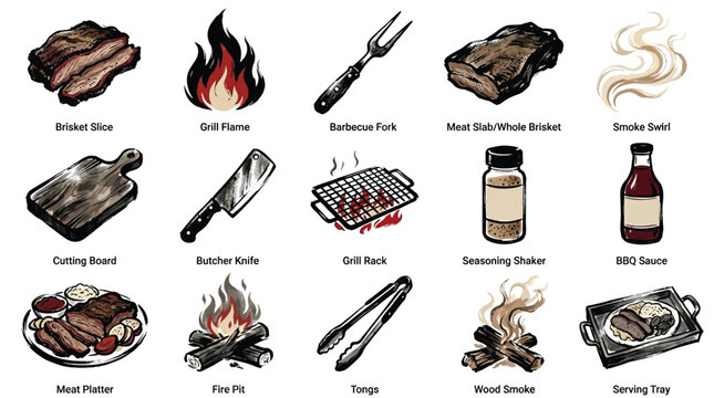 A collection of hand-drawn illustrations depicting various elements associated with barbecuing and smoking meats, including cuts of meat, cooking tools, and fire.