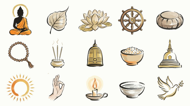Collection of Buddhist symbols and icons, including Buddha, Dharma wheel, lotus, and prayer beads, representing spiritual concepts and practices.