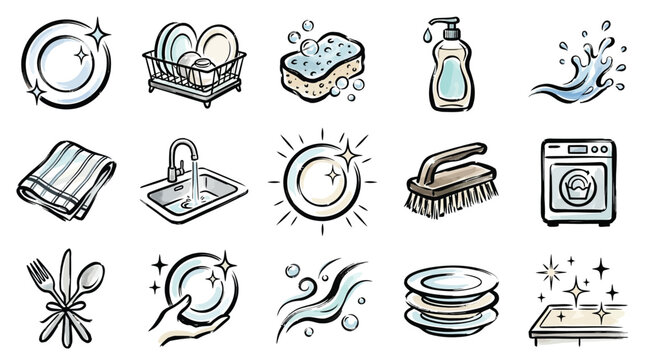 A collection of hand-drawn icons illustrating various aspects of dishwashing and kitchen cleaning, including plates, cutlery, sinks, sponges, and drying racks.