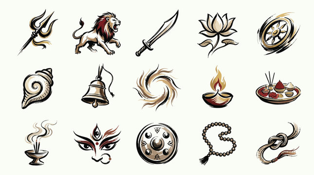 A collection of 15 distinct Hindu religious symbols and icons, rendered in a stylized, artistic manner with a muted color palette.