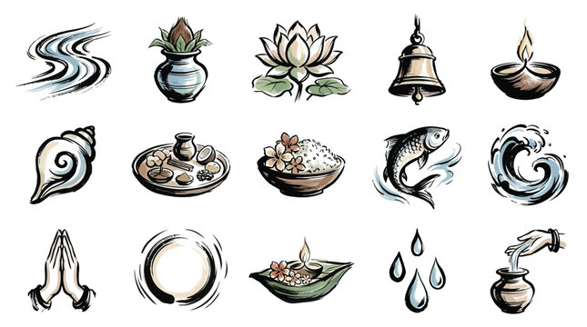 A collection of 15 hand-drawn Hindu religious and cultural symbols, including a lotus flower, conch shell, bell, diya lamp, and prayer hands.