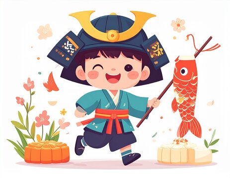 端午の節句 兜の男の子と鯉のぼり 春イラスト
