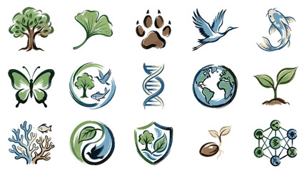A collection of diverse nature and science-themed icons, including trees, animals, DNA, and the Earth, representing ecological and biological concepts. © Renald