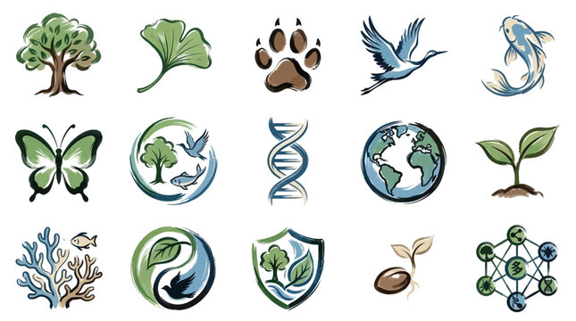 A collection of diverse nature and science-themed icons, including trees, animals, DNA, and the Earth, representing ecological and biological concepts.
