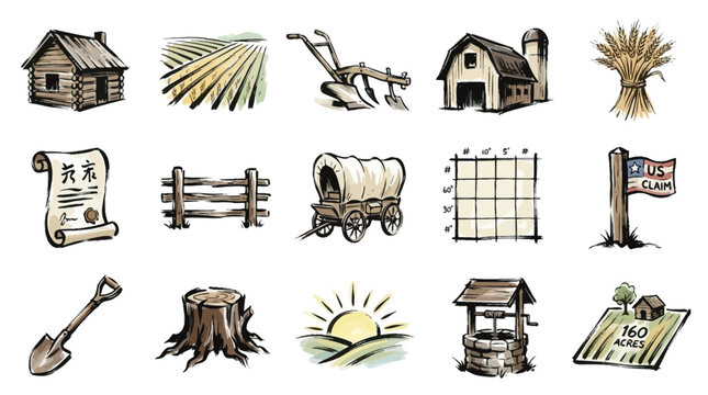 Collection of hand-drawn illustrations depicting various elements of early American homesteading and agriculture, including buildings, tools, and land.