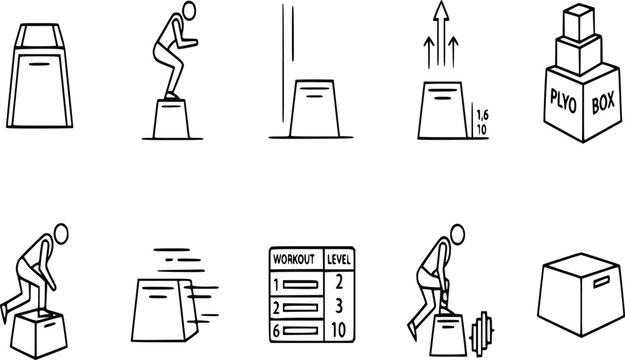 Plyo box line icons, flat vector symbols for explosive training and jump workouts