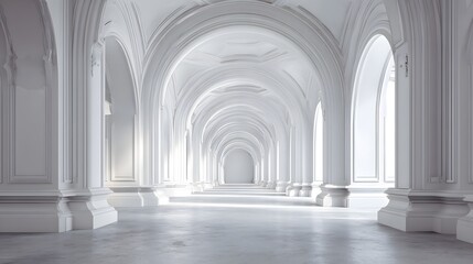 Fototapeta premium Grand White Arched Hallway with Natural Light.