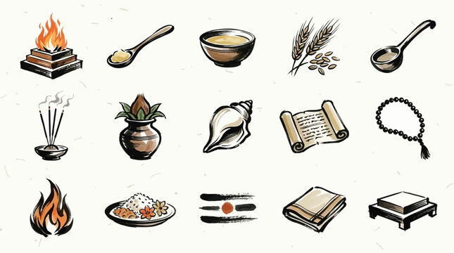 A collection of Hindu religious icons and symbols used in rituals and worship, including fire, offerings, and sacred objects.