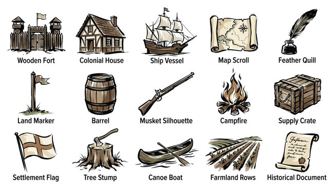 A collection of hand-drawn illustrations depicting various elements related to early colonial settlements and exploration, including buildings, tools, and transportation.