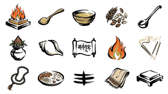 Collection of Hindu religious icons and symbols representing various aspects of worship and rituals, including fire, offerings, and sacred objects.