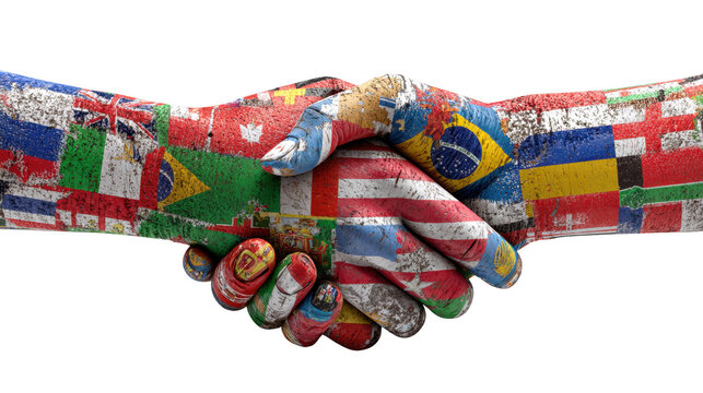 Global unity handshake with international flags painted on hands cooperation partnership and worldwide collaboration concept