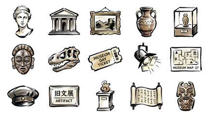 A collection of hand-drawn icons representing various museum exhibits and artifacts, including sculptures, ancient pottery, dinosaur fossils, and historical documents. © Renald