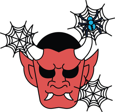Spooky devil head with sharp horns and fangs