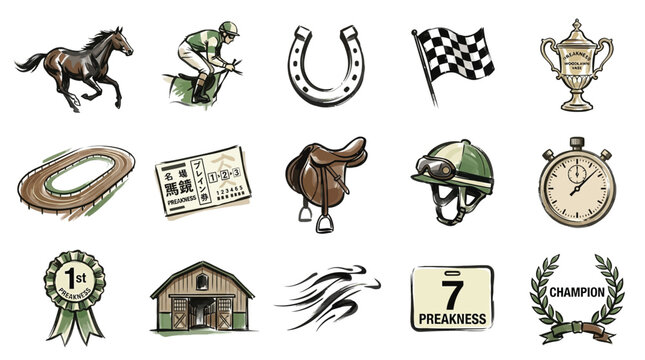 A collection of hand-drawn illustrations depicting various elements associated with horse racing, including a jockey, horse, track, saddle, and trophy.