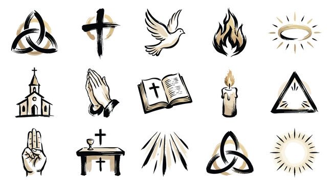 A collection of religious symbols and icons, including crosses, a dove, a church, praying hands, and a Bible, rendered in a brushstroke style.