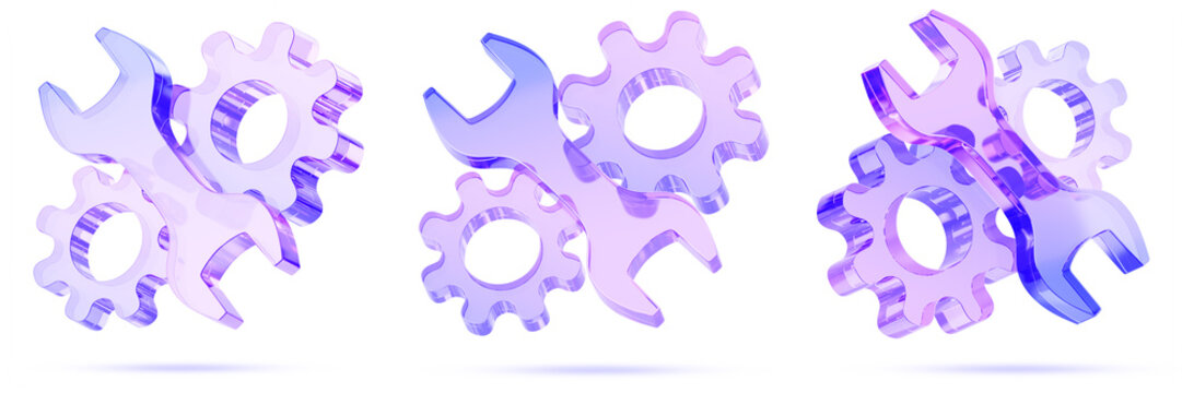Holographic glass screw wrench with gears 3d render icon set. Settings, repair, maintenance, car service, mechanic logo. Purple blue crystal spanner tool with cog wheels for UI design. 3D illustration