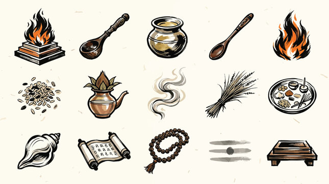A collection of hand-drawn icons representing elements of Hindu religious rituals and practices, including fire, offerings, and sacred objects.