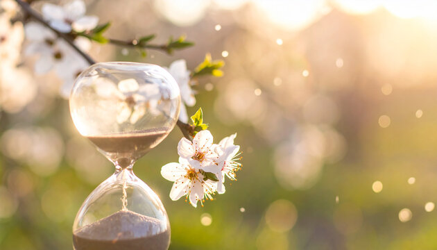 Glass Sand Timer with Falling Sand Beside Spring Cherry Blossoms in Warm Golden Sunlight