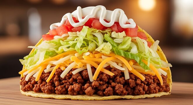 A delicious crispy hard shell taco filled with seasoned ground beef and topped with fresh garnish