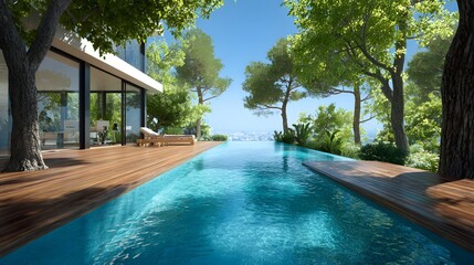 Fototapeta premium Luxurious Infinity Pool Overlooking a Serene Ocean View Surrounded by Lush Greenery.
